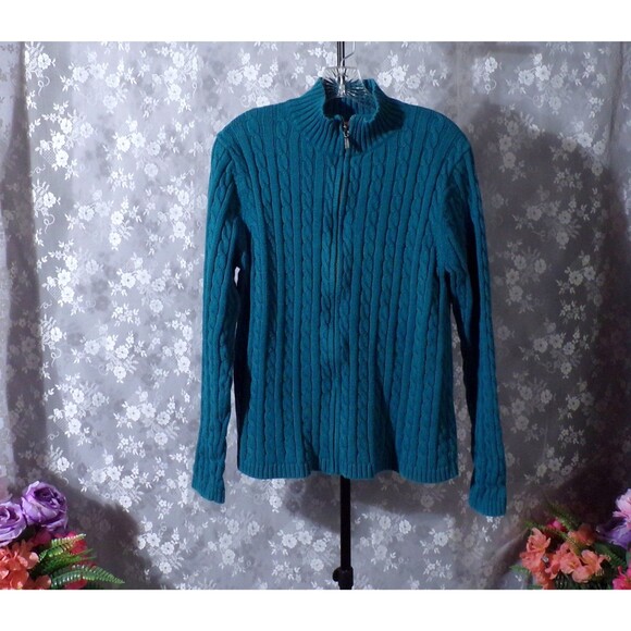 L.L. Bean Teal Cable Knit Zip Up Cardigan Size XL Mock Neck Cotton Heritage Cozy - Picture 1 of 6
